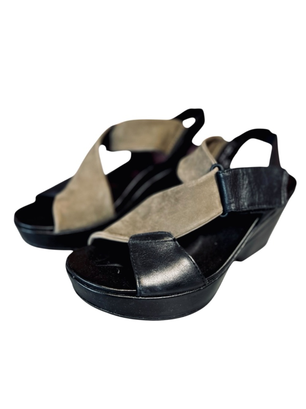 Earth Sz 8 Black Taupe Leather Platform Sandals Khaya Kendi Adjustable Wedge